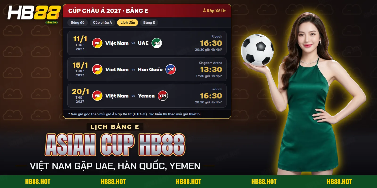 Lịch ba trận bảng E của Việt Nam tại Asian Cup HB88 trong mục bóng đá