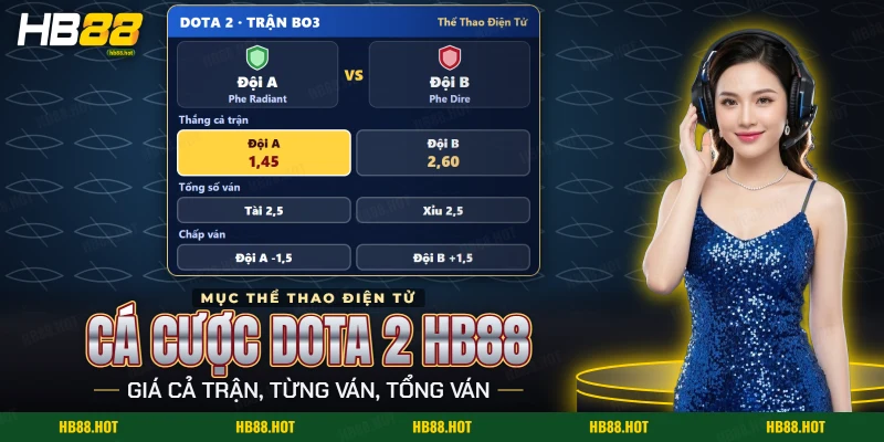 Cá cược Dota 2 HB88 với bảng kèo trận hai đội Radiant và Dire, gồm giá cả trận, tổng ván và chấp ván