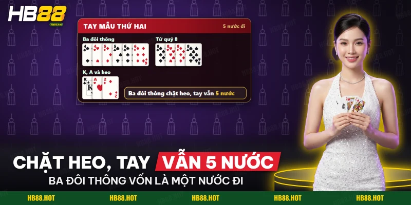 Tay mẫu có ba đôi thông và tứ quý cần 5 nước đi trong Tiến lên miền Nam HB88