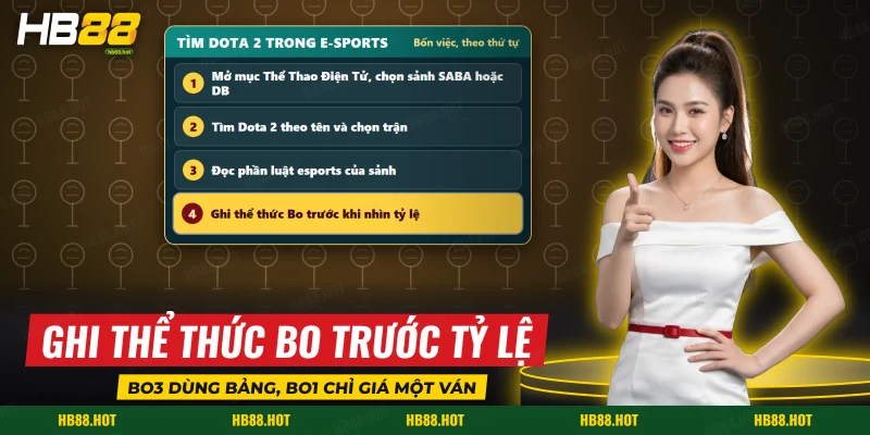 Bốn việc chọn sảnh SABA hoặc DB và tìm trận Dota 2 trong mục Thể Thao Điện Tử