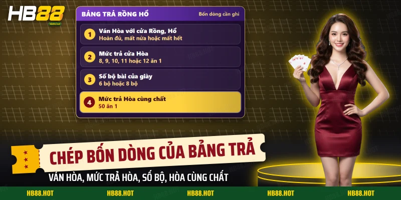 Bảng trả Rồng Hổ với bốn dòng cần ghi vào sổ: ván Hòa, mức trả Hòa, số bộ bài và Hòa cùng chất