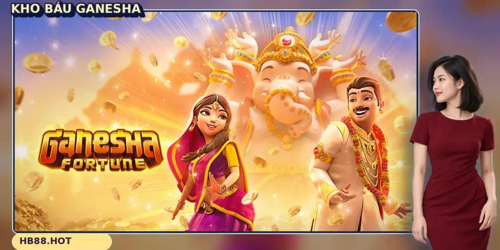 Kho Báu Ganesha HB88 với Ganesha và dàn nhân vật trên bìa trò chơi.