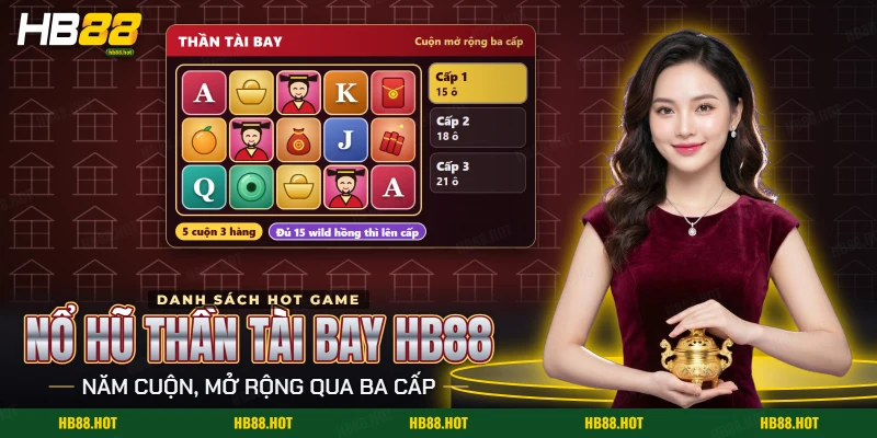 Màn slot năm cuộn ba hàng của nổ hũ Thần Tài Bay HB88 với biểu tượng Thần Tài
