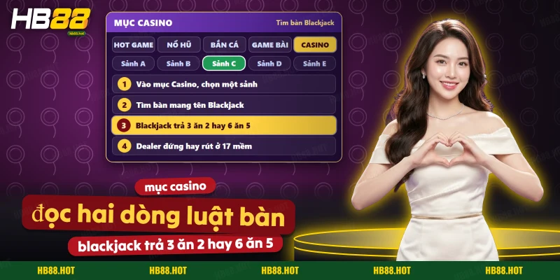 Tìm bàn Blackjack trong mục Casino của HB88 và đọc hai dòng luật