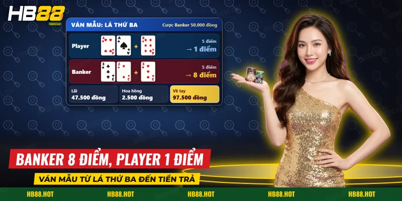 Một ván Baccarat từ hai lá đầu đến lá thứ ba và kết quả Banker thắng