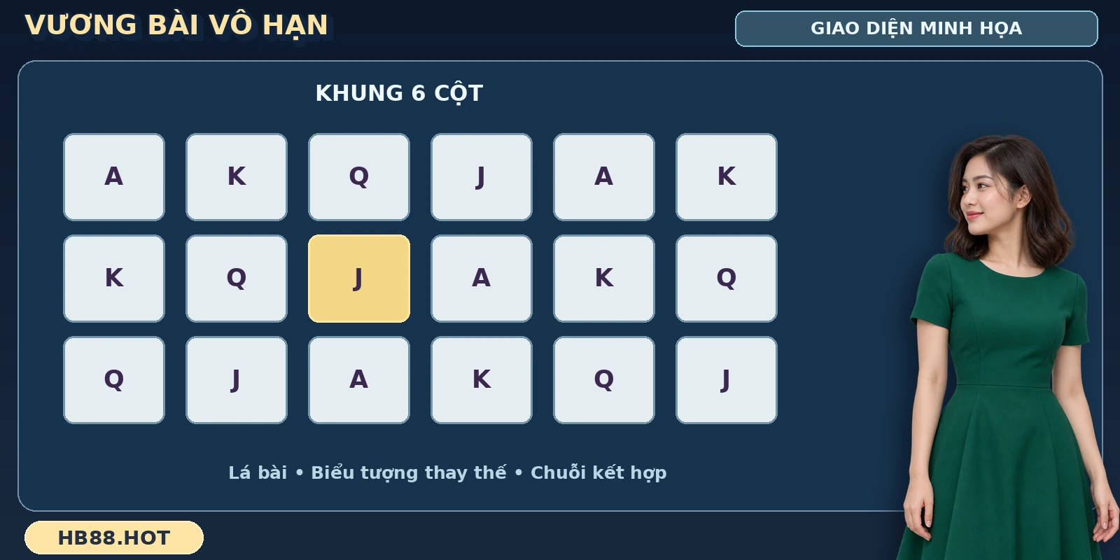 Vương Bài Vô Hạn HB88 với khung sáu cột lá bài và một lá vàng nổi bật